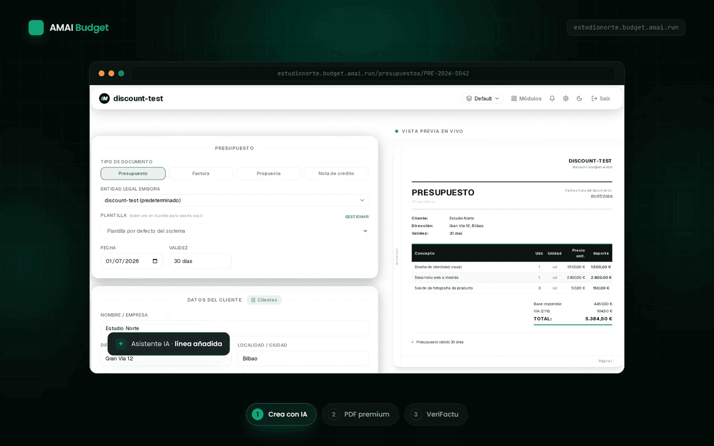 AMAI Budget: editor de presupuestos con vista previa del PDF en vivo y cumplimiento VeriFactu